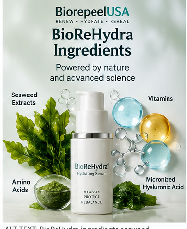 BioReHydra ingredients guide featuring seaweed extracts, amino acids, vitamins and hyaluronic acid | Biorepeelusa