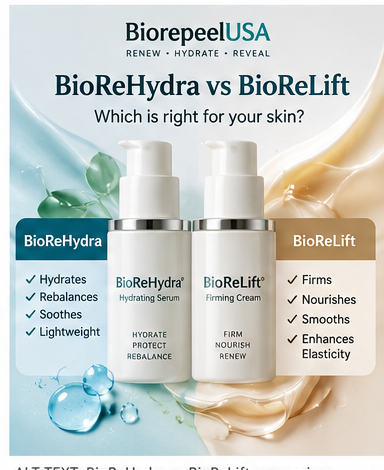 BioReHydra vs BioReLift comparison showing serum and cream skincare options | Biorepeelusa