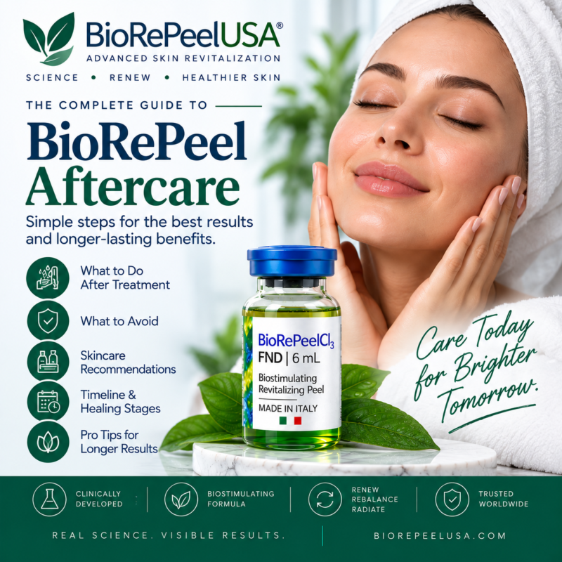 Alt text: BioRePeel aftercare guide with gentle post-treatment skincare and BioRePeelCl3 FND product | BioRePeelUSA®