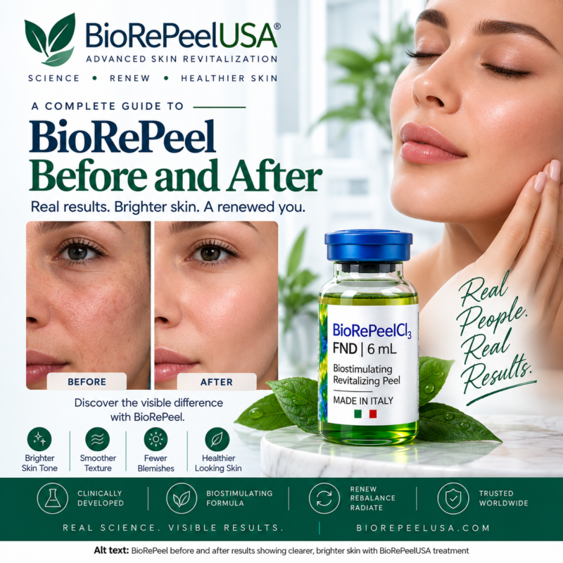 BioRePeel before and after guide with illustrative skin comparison and BioRePeelCl3 FND product | BioRePeelUSA®