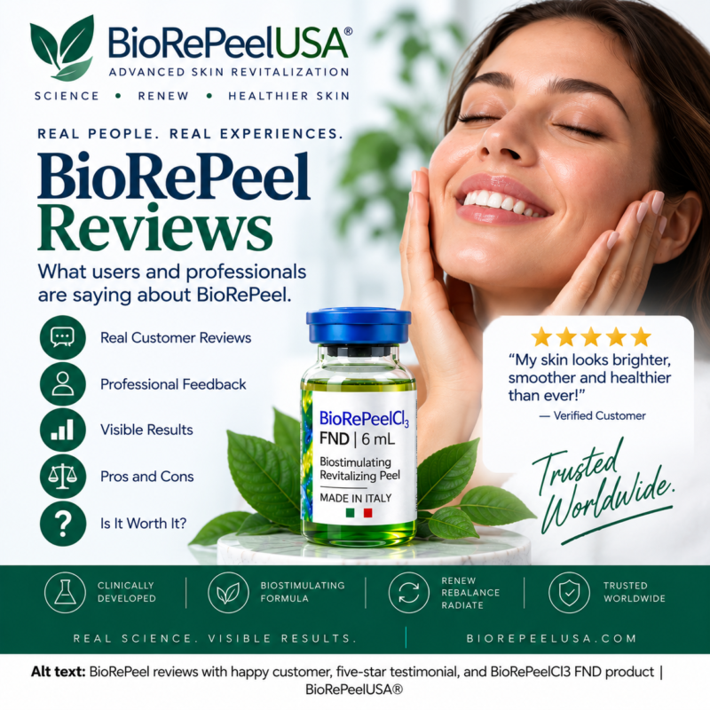 BioRePeel reviews guide featuring a happy customer, five-star review theme, and BioRePeelCl3 FND product | BioRePeelUSA®
