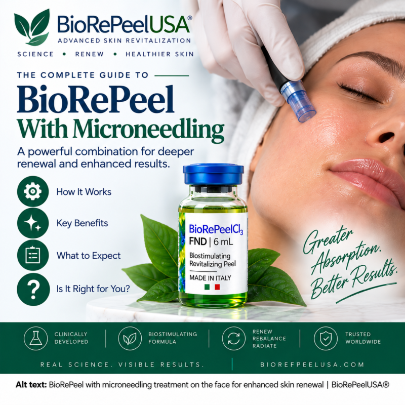 BioRePeel with microneedling guide showing professional facial microneedling treatment and BioRePeelCl3 FND product | BioRePeelUSA®